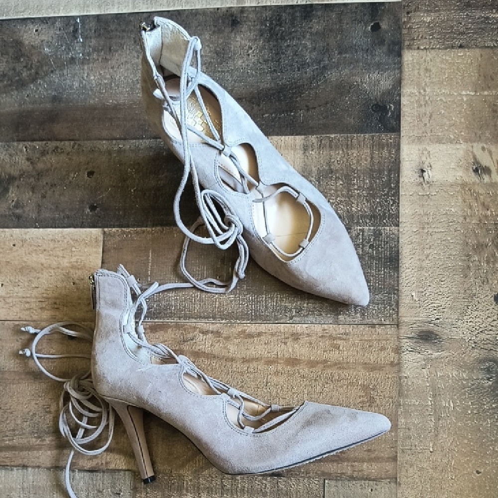 Vince Camuto Lace-Up Wrap Around Suede Close Toe Heels Light Beige Sz 8.5 Women